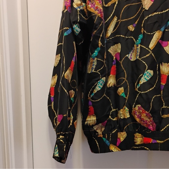 Vintage Rhoda Lynne Jacket Tassel Print Silk Full Zip Windbreaker 80s Size M - Picture 7 of 8